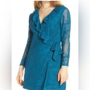 Lily Pulitzer Tiki Wrap Ruffle Jellyfish Crochet Romper Teal Womens Size XS